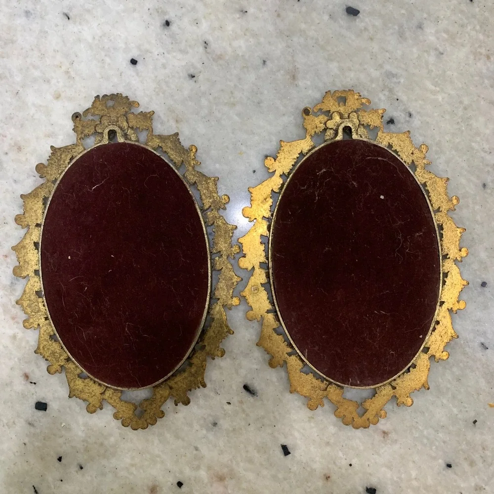 Vintage Ornate Gold Oval Frames Mother and Child Sketch Art Set of 2 Regency